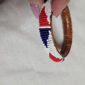 Beaded Leather Bangle Bracelet Red White Blue geometric African? Gorgeous